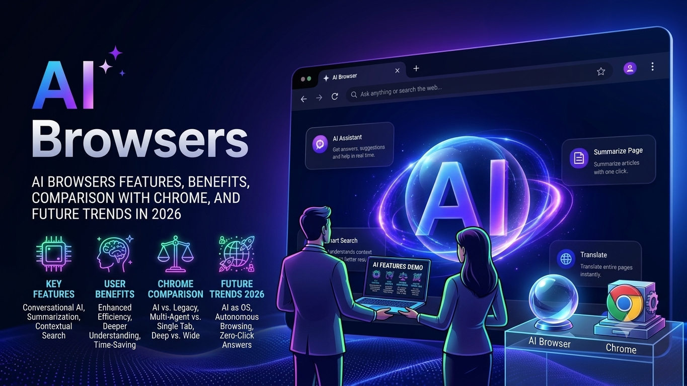 AI browsers infographic explaining features, benefits, comparison with Chrome, and future trends in 2026